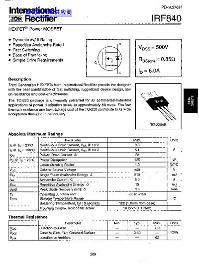 International Rectifier IRF840 Datasheet - cover page