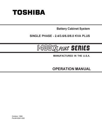 Toshiba 1400 XL PLUS SERIES Battery Cabinet System Operation Manual - cover page