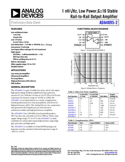 Analog Devices ADA4895-2 Low Noise Amplifier Datasheet - cover page