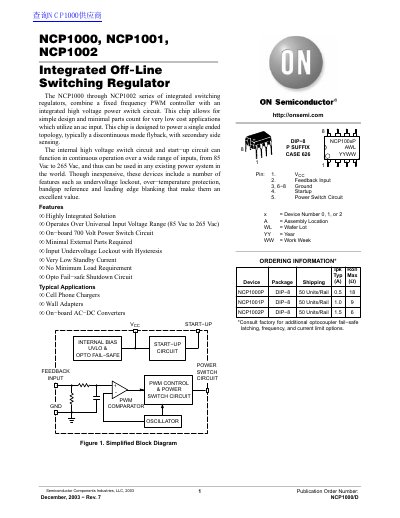 NCP1000/NCP1001/NCP1002 Integrated Off-Line Switching Regulator Datasheet - cover page