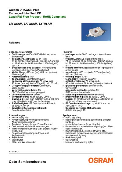 OSRAM Golden Dragon Plus LED LR/LA/LY W5AM Datasheet - cover page