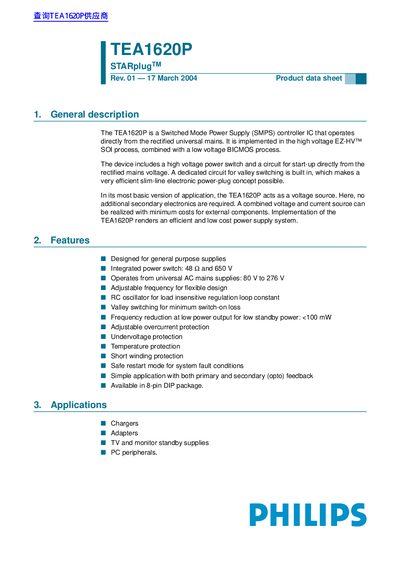 Philips TEA1620P SMPS Controller IC Product Data Sheet - cover page