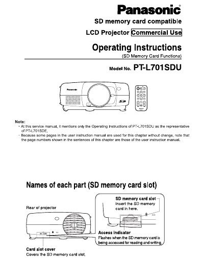 Panasonic PT-L701SDU LCD Projector Operating Instructions (SD Memory Card Functions) - cover page