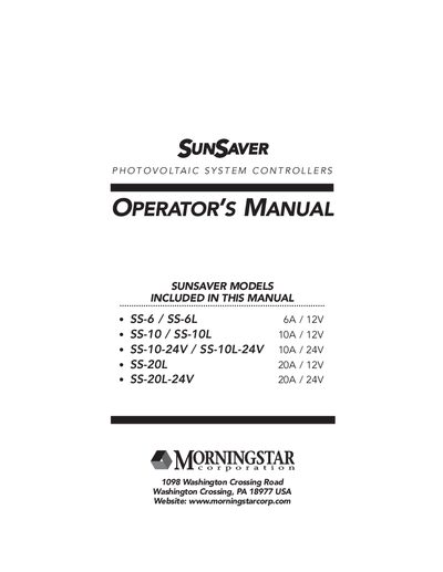 Morningstar SunSaver Series Photovoltaic Controller Operator's Manual