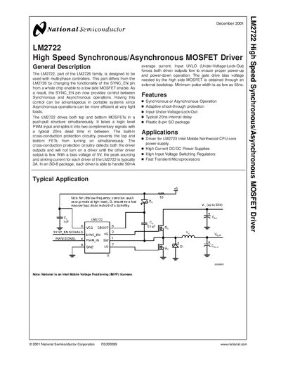 National LM2722 High Speed Synchronous/Asynchronous MOSFET Driver Datasheet - cover page