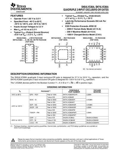 Texas Instruments SN54LVC86A / SN74LVC86A Quadruple 2‑Input Exclusive‑OR Gate Datasheet