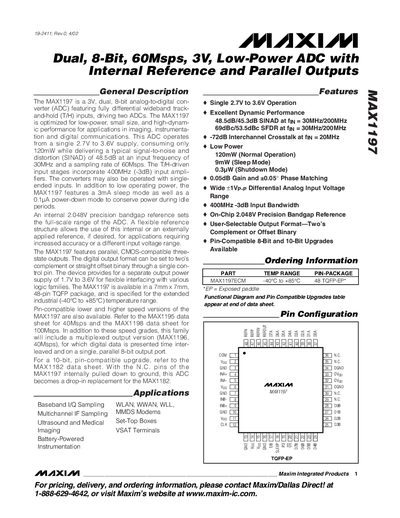 Maxim MAX1197 Dual 8‑Bit 60 Msps 3 V Low‑Power ADC with Internal Reference Parallel Outputs Datasheet - cover page