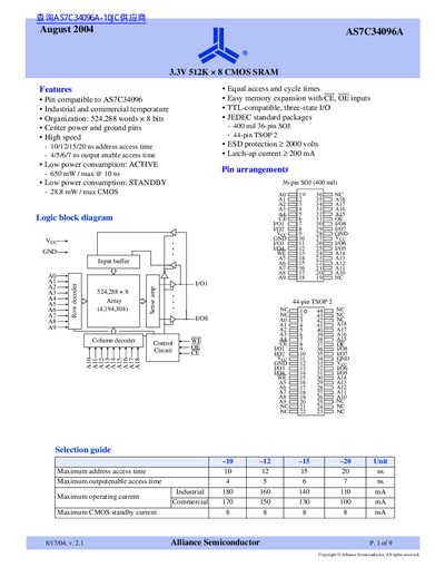 Alliance Semiconductor AS7C34096A 512K x 8 CMOS SRAM Datasheet