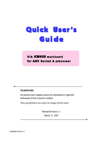 VIA KM400 Motherboard User Manual - cover page