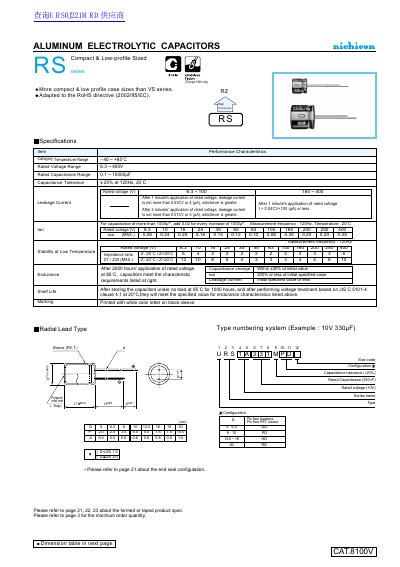 Panasonic CAT.8100 RS Series Aluminum Electrolytic Capacitors Datasheet - cover page
