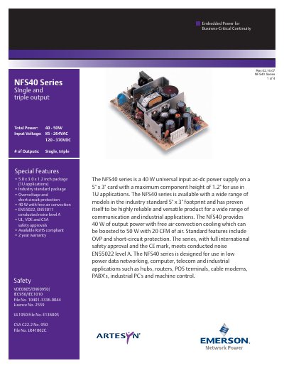 Artesyn NFS40 Series 40W Universal Input AC-DC Power Supply Datasheet