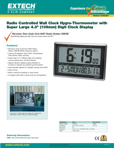 EXTECH CTH10 Radio Controlled Wall Clock Hygro-Thermometer Product Datasheet - cover page