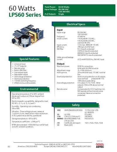 Emerson Network Power LPS60 Series 60W Power Supply Product Leaflet - cover page
