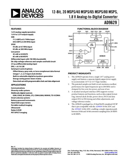 Analog Devices AD9629 12‑Bit 20‑80 MSPS ADC Datasheet - cover page