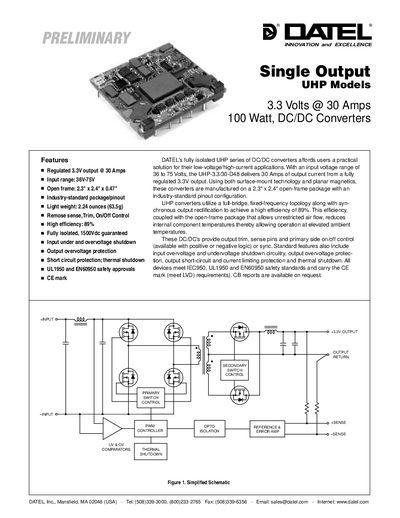 DATEL UHP-3.3/30 Single Output 3.3V 30A 100W DC/DC Converter Datasheet - cover page
