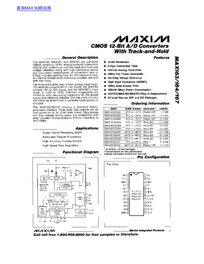 Maxim MAX163/164/167 CMOS 12-Bit A/D Converters Datasheet - cover page