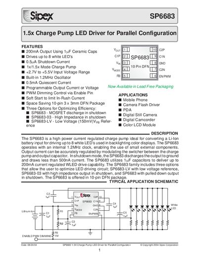 Sipex SP6683 1.5X Charge Pump LED Driver Manual - cover page