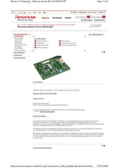 Renesas M16C/62P Starter Kit Product Overview - cover page