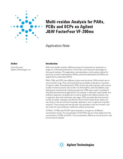 Agilent J&W FactorFour VF-200ms Multi-residue Analysis Application Note - cover page