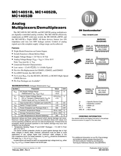 ON Semiconductor MC14051B/MC14052B/MC14053B Analog Multiplexer/Demultiplexer Datasheet - cover page
