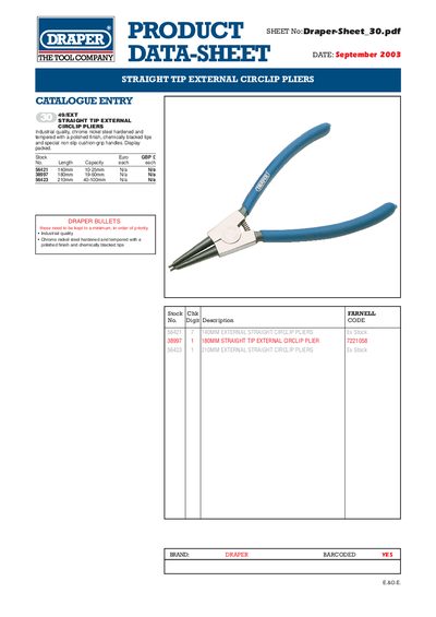 Draper 49/EXT Straight Tip External Circlip Pliers Datasheet - cover page