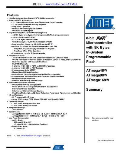 ATMEL ATmega48/V ATmega88/V ATmega168/V Summary Manual - cover page