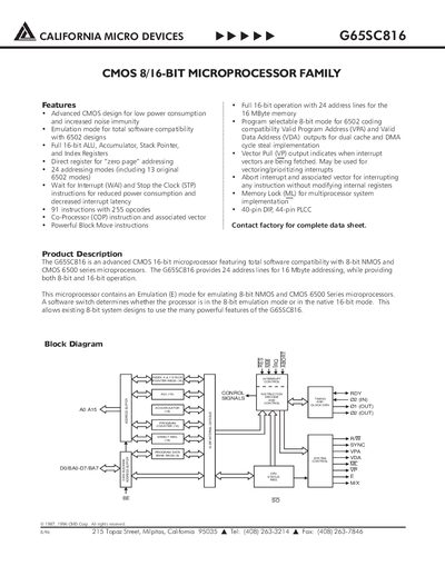 CALIFORNIA MICRO DEVICES G65SC816 CMOS 8/16-BIT MICROPROCESSOR FAMILY - cover page