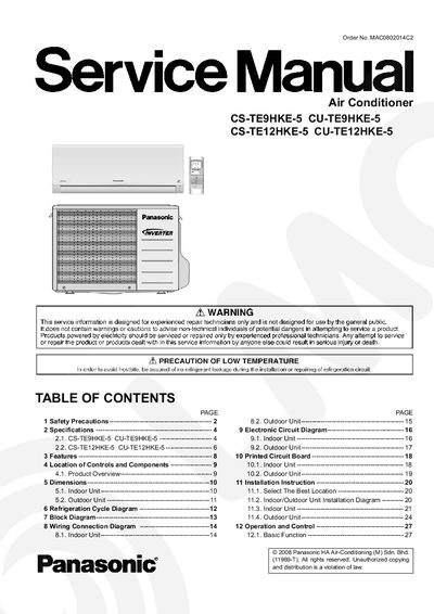 Panasonic CS-TE9HKE-5 / CS-TE12HKE-5 Service Manual - cover page