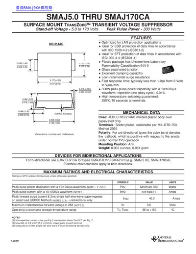 SMAJ5.0 THRU SMAJ170CA Surface Mount Transzorb Transient Voltage Suppressor Datasheet - cover page
