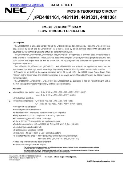 NEC PD4481161 4481181 4481321 4481361 Data Sheet  - cover page