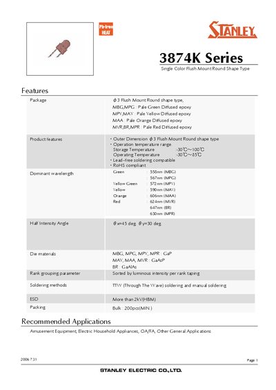 Stanley Electric 3874K Series LED Datasheet - cover page