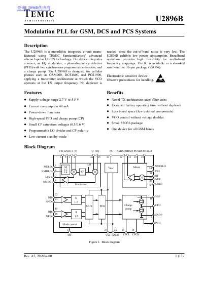 TEMIC U2896B Modulation PLL Datasheet - cover page
