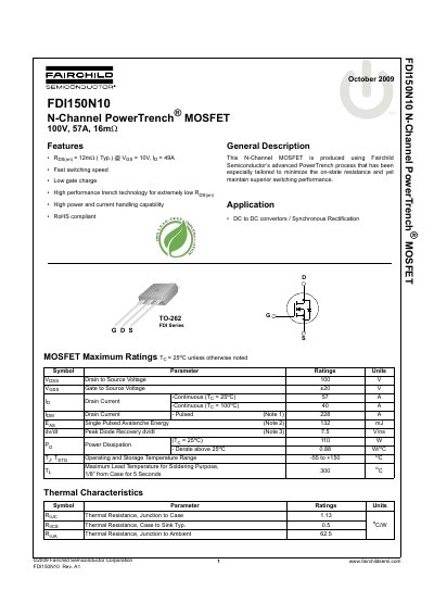Fairchild Semiconductor FDI150N10 N-Channel MOSFET Datasheet - cover page