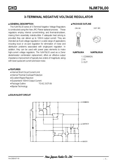JRC NJM79L00 3-TERMINAL NEGATIVE VOLTGE REGULATOR - cover page