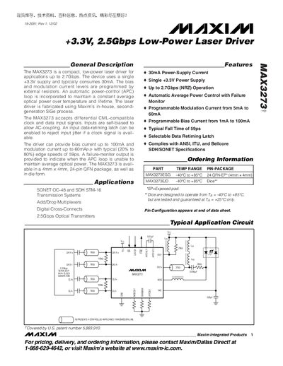 MAX3273 Low-Power Laser Driver Datasheet - cover page