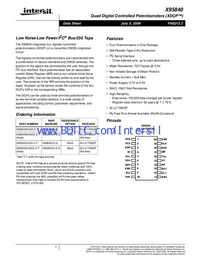 Intersil X95840 Quad Digital Controlled Potentiometer Datasheet - cover page