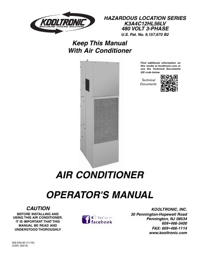 Kooltronic K3A4C12HL56LV Hazardous Location Air Conditioner Operator's Manual - cover page