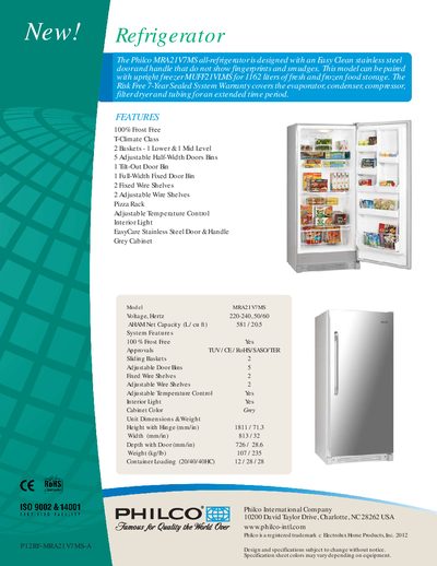 Philco MRA21V7MS Refrigerator and MUFF21VLMS Freezer Specification Sheet - cover page