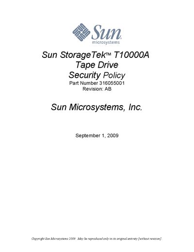 Sun T10000A Tape Drive Security Policy - cover page