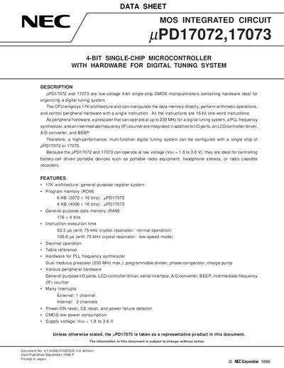 NEC uPD17072/17073 4-Bit Microcontroller Datasheet - cover page