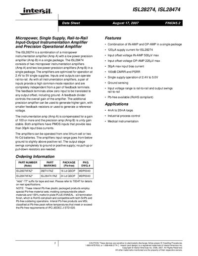 Intersil ISL28274 and ISL28474 Instrumentation Amplifier Datasheet - cover page