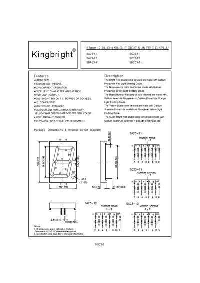 Kingbright SA23-11 57mm Single Digit Numeric Display Datasheet - cover page