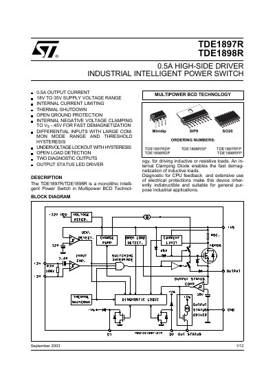 STMicroelectronics TDE1897R/TDE1898R Intelligent Power Switch Datasheet