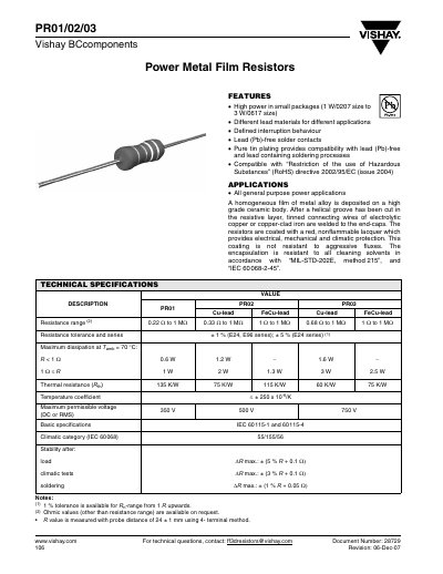 Vishay PR01/02/03 Power Metal Film Resistors Datasheet - cover page