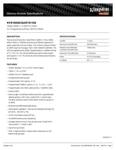 Kingston KVR1066D3Q4R7S/16G Memory Module Specifications
