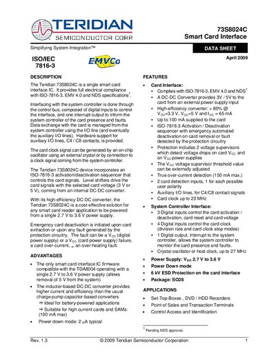 Teridian 73S8024C Smart Card Interface Datasheet - cover page