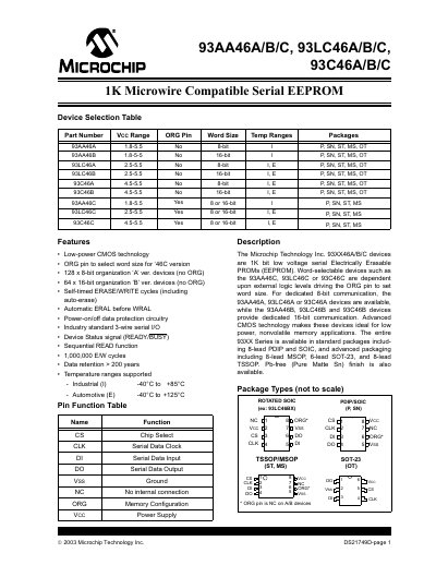 Microchip 93AA46A/B/C, 93LC46A/B/C, 93C46A/B/C Serial EEPROM Datasheet - cover page