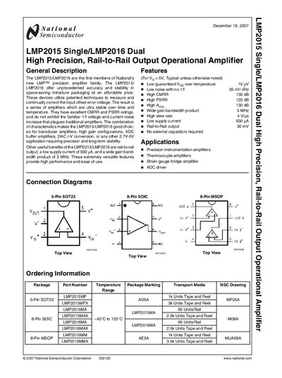 National Semiconductor LMP2015/LMP2016 Operational Amplifier Handbook - cover page