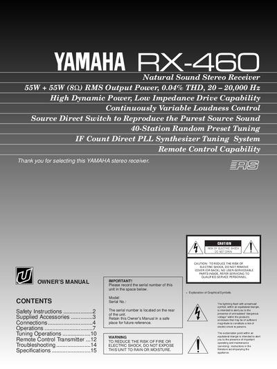 Yamaha RX-460 Stereo Receiver Owner's Manual - cover page
