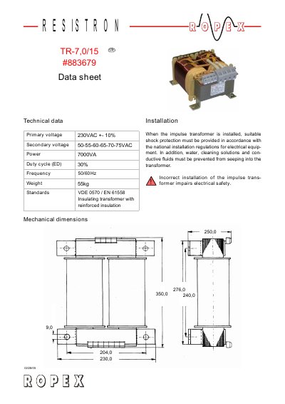 Resistron TR-7,0/15 Insulating Transformer Data Sheet - cover page